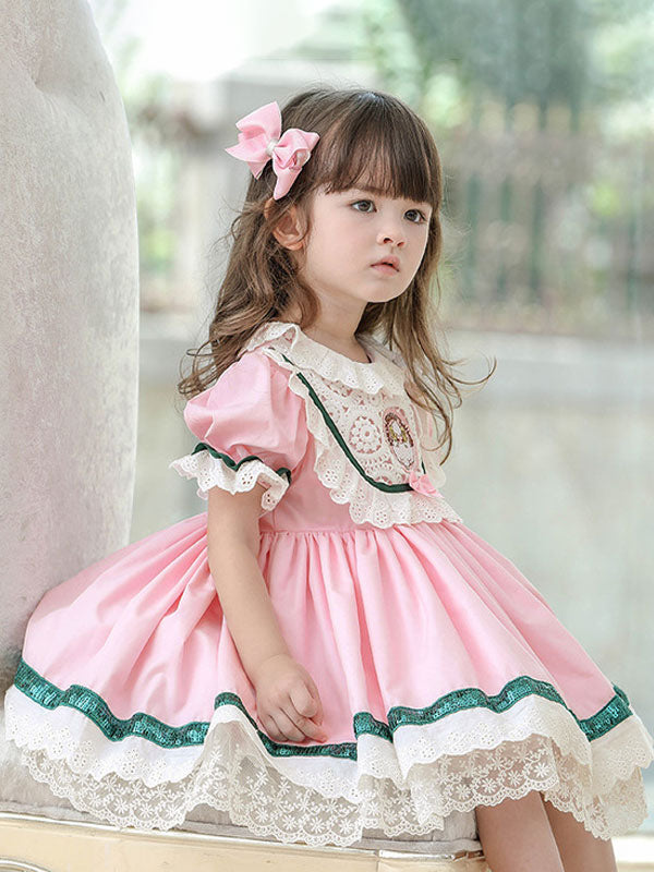 Children s Sweet Lolita Dress Pink Ruffles Polyester Short Sleeve