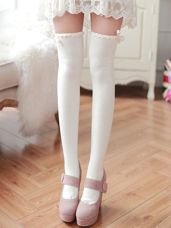 Classic Lolita Stockings White Bows Ribbons Printed Lolita Knee High S –