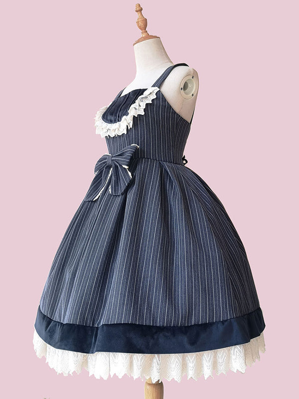 Classic Lolita JSK Dress Fairytale Infanta Stripes Pleated Dark