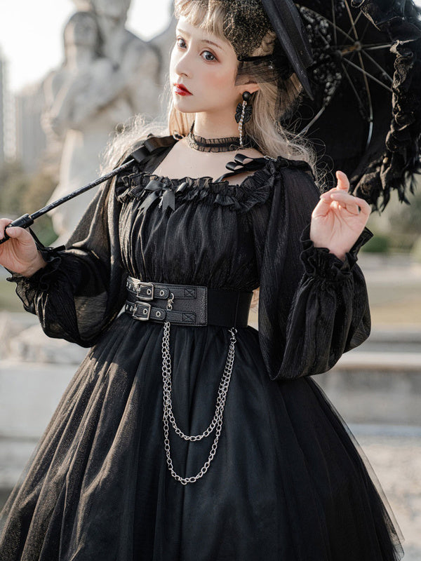 Gothic Lolita OP Dress Bows Long Sleeve Lace Ruffles Black Lolita