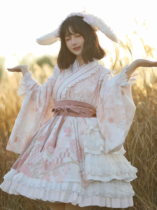 Sweet Lolita Wedding OP Dress Floral Print Light Gray Flowers Bows Lolita  One Piece Dresses