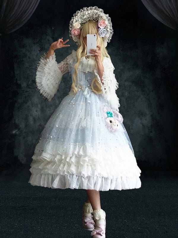 Lolita OP Dress 4-Piece Set Baby Blue Ruffles Long Sleeve Lolita