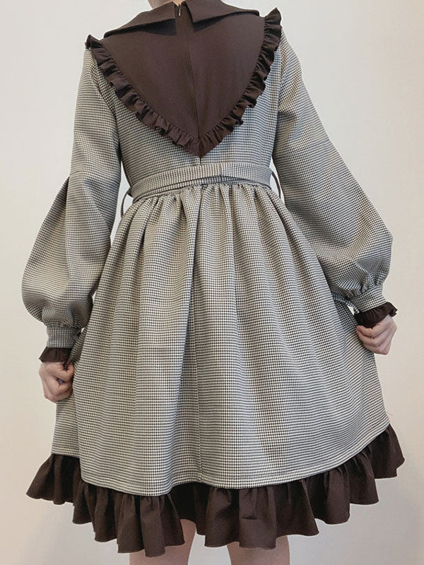 Sweet Lolita OP Dress Grey Long Sleeves Plaid Classic Lolita One