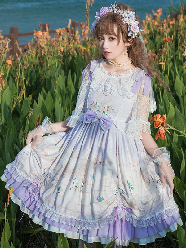 Sweet Lolita OP Dress Neverland Floral Print Light Sky Blue