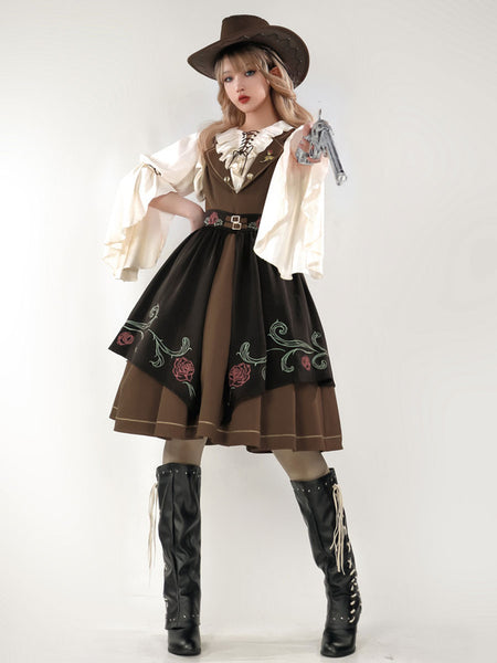 Classical Lolita Dress Polyester 3/4 Length Sleeves Floral Print Lolita Dresses Academic Coffee Brown