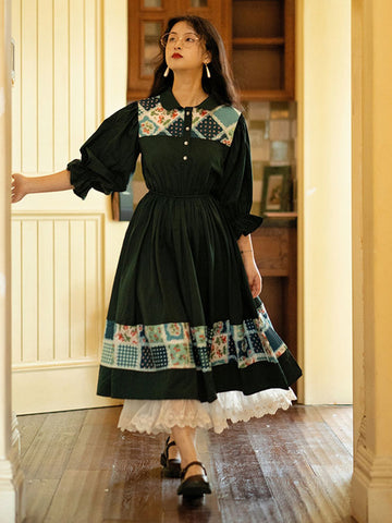 Ruffles Lolita OP Dress Dark Green Floral Print 3/4 Length Sleeves Lolita One Piece Dresses