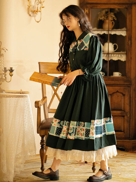 Ruffles Lolita OP Dress Dark Green Floral Print 3/4 Length Sleeves Lolita One Piece Dresses