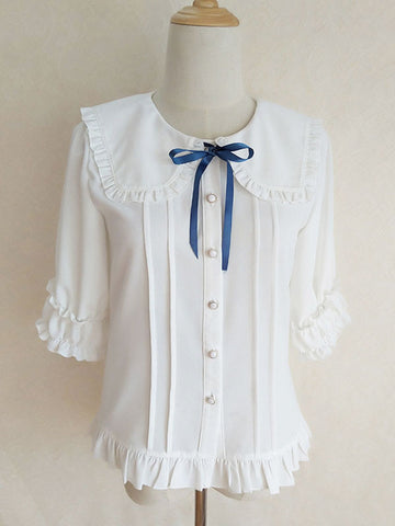 Academic Lolita Blouses Ecru White Lolita Top Half Sleeves Pleated Ruffles Lolita Shirt