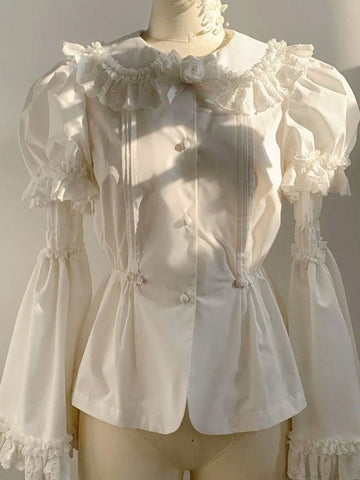 Academic Lolita Blouses White Short Sleeves Bows Pleated Lolita Top Lolita Shirt