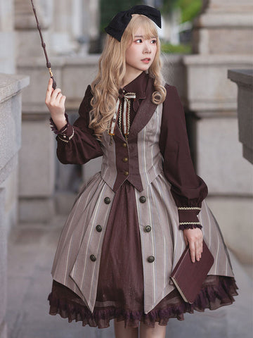Lolita Coats Coffee Brown Pom Poms Color Block Overcoat Polyester Fall  Lolita Outwears 