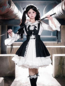 Black Maid Lolita Dresses Ruffles Double Lines White Apron Lolita Dress