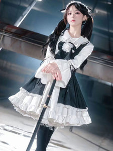 Black Maid Lolita Dresses Ruffles Double Lines White Apron Lolita Dress