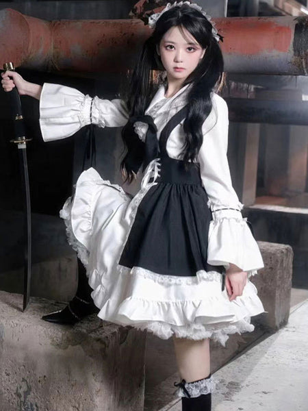 Black Maid Lolita Dresses Ruffles Double Lines White Apron Lolita Dress