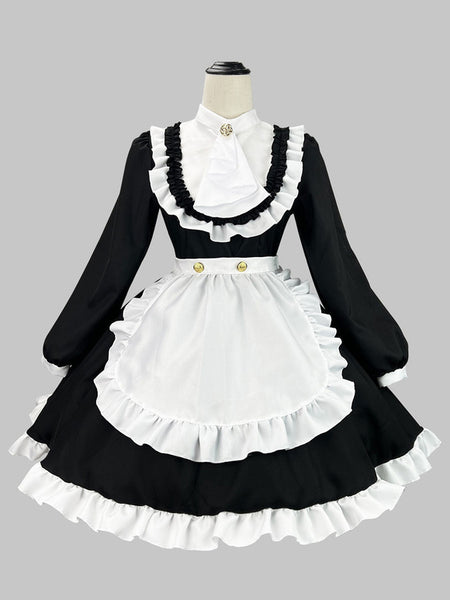 Black Maid Lolita Dresses Ruffles Long Sleeves Double Buckles Lolita Dress