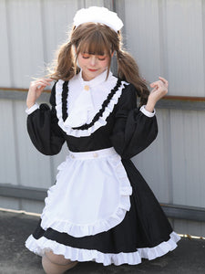 Black Maid Lolita Dresses Ruffles Long Sleeves Double Buckles Lolita Dress