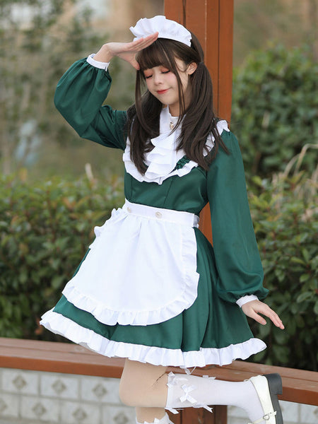 Black Maid Lolita Dresses Ruffles Long Sleeves Double Buckles Lolita Dress