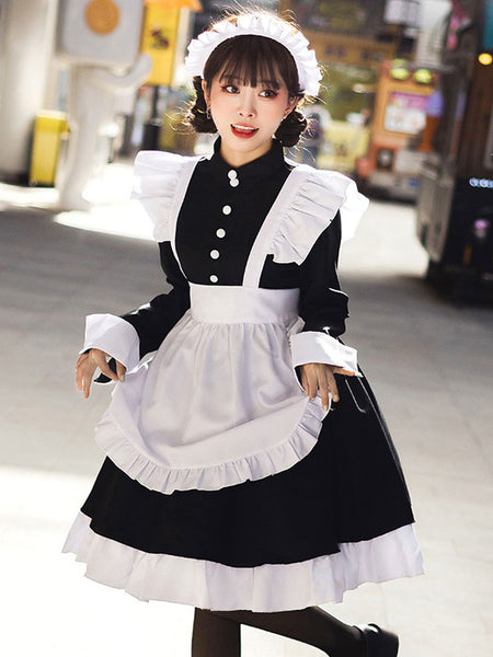 Black Maid Lolita Dresses Ruffles White Apron Lolita Dress