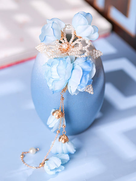 Chinese Style Lolita Accessories Light Sky Blue Flowers Pearls Headwear Metal Miscellaneous