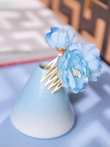 Chinese Style Lolita Accessories Light Sky Blue Flowers Pearls Headwear Metal Miscellaneous