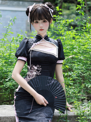 Chinese Style Lolita Dress Woven Short Sleeves Jacquard Chinese Style Animal Print Black Chinese Style Lolita