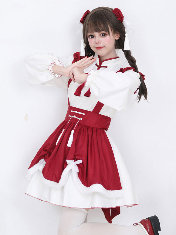 Chinese Style Maid Lolita Dress Ruffles Long Sleeves Polyester Red Lolita Dress