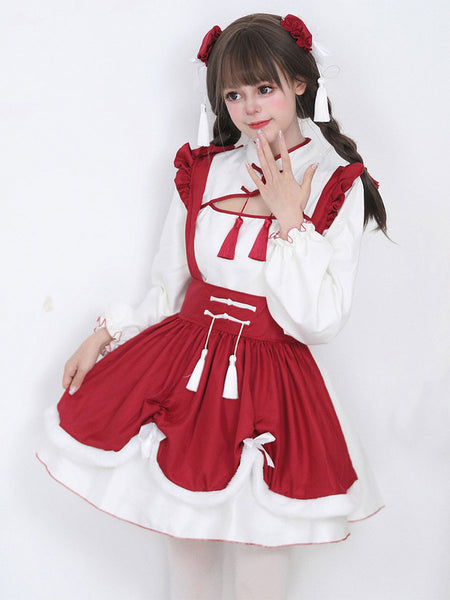 Chinese Style Maid Lolita Dress Ruffles Long Sleeves Polyester Red Lolita Dress