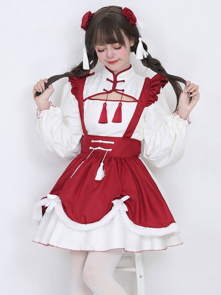 Chinese Style Maid Lolita Dress Ruffles Long Sleeves Polyester Red Lolita Dress