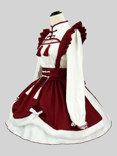 Chinese Style Maid Lolita Dress Ruffles Long Sleeves Polyester Red Lolita Dress