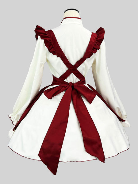 Chinese Style Maid Lolita Dress Ruffles Long Sleeves Polyester Red Lolita Dress