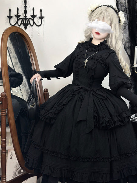 Classic Black Gothic Lolita SK Skirt with Ruffle Layers and Bow Detail