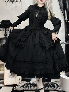 Classic Black Gothic Lolita SK Skirt with Ruffle Layers and Bow Detail