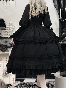 Classic Black Gothic Lolita SK Skirt with Ruffle Layers and Bow Detail