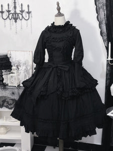 Classic Black Gothic Lolita SK Skirt with Ruffle Layers and Bow Detail