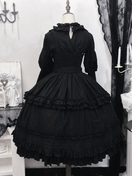 Classic Black Gothic Lolita SK Skirt with Ruffle Layers and Bow Detail