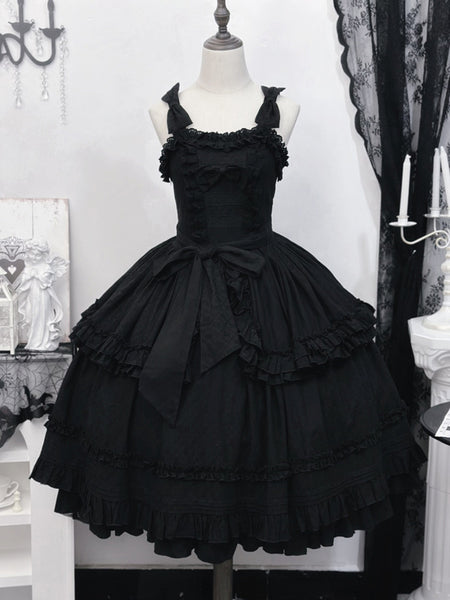 Classic Black Gothic Lolita SK Skirt with Ruffle Layers and Bow Detail