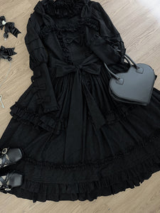 Classic Black Gothic Lolita SK Skirt with Ruffle Layers and Bow Detail