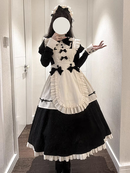 Classic Black and White Gothic Lolita Maid Dress – Elegant Ruffled Apron Design with Vintage Charm