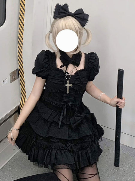 Classical Lolita Dress Polyester Short Sleeves Lolita Dresses Classic Black