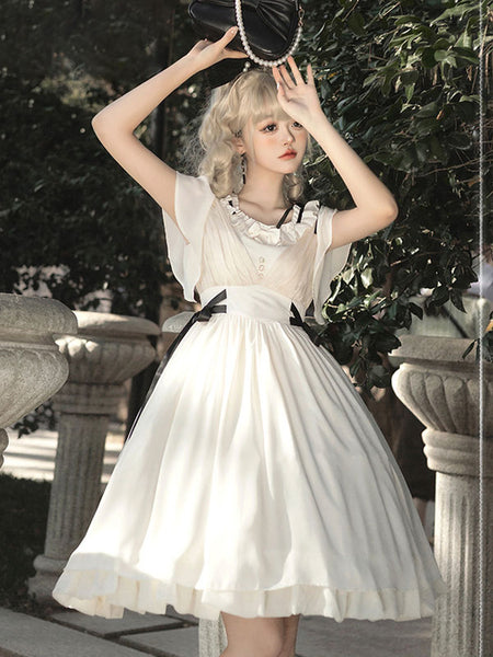 Classical Lolita Dress Polyester Short Sleeves Lolita Dresses Classic White