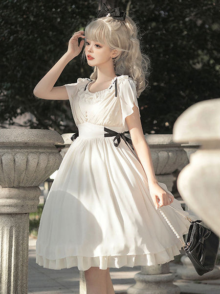 Classical Lolita Dress Polyester Short Sleeves Lolita Dresses Classic White