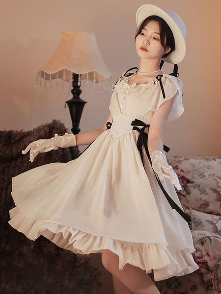 Classical Lolita Dress Polyester Short Sleeves Lolita Dresses Classic White