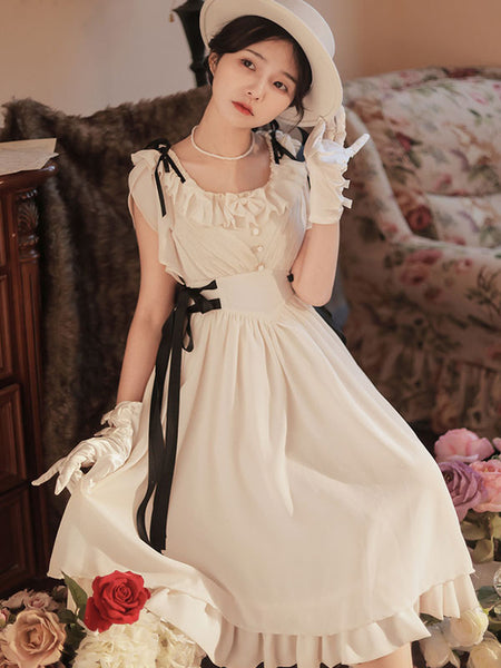 Classical Lolita Dress Polyester Short Sleeves Lolita Dresses Classic White