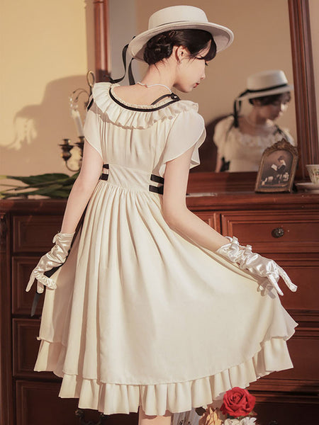 Classical Lolita Dress Polyester Short Sleeves Lolita Dresses Classic White