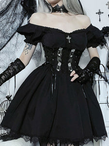 Gothic Dress Off The Shoulder Short Sleeves Lace Trimed Lolita Short Dress