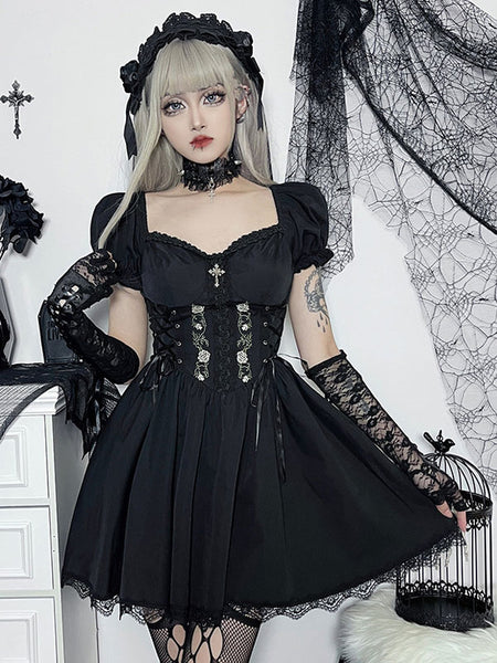 Gothic Dress Off The Shoulder Short Sleeves Lace Trimed Lolita Short Dress