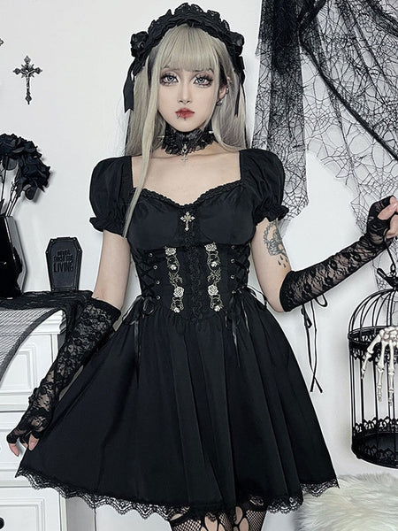 Gothic Dress Off The Shoulder Short Sleeves Lace Trimed Lolita Short Dress