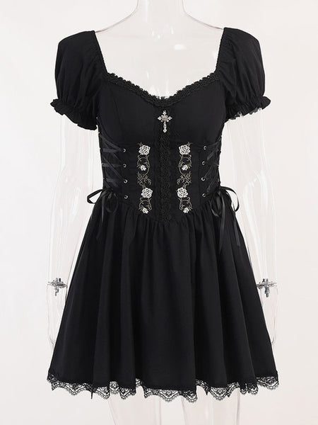 Gothic Dress Off The Shoulder Short Sleeves Lace Trimed Lolita Short Dress