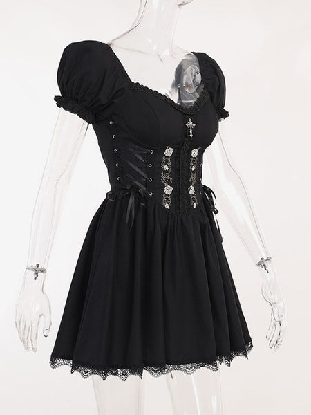 Gothic Dress Off The Shoulder Short Sleeves Lace Trimed Lolita Short Dress