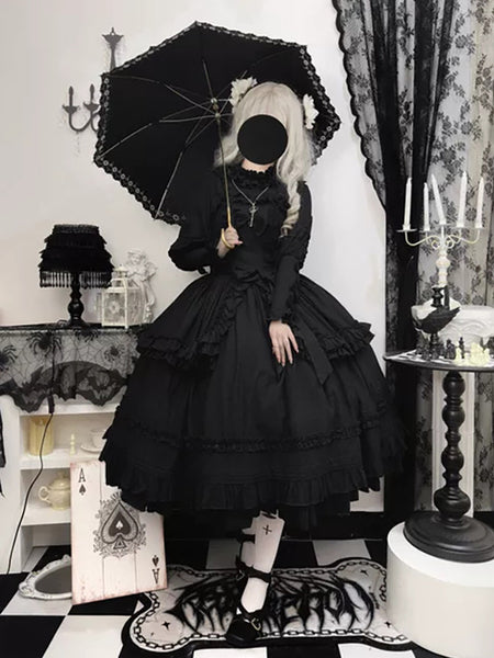 Gothic Lolita Blouses Black Long Sleeves Lolita Top Ruffles Bows Jacquard Lolita Shirt