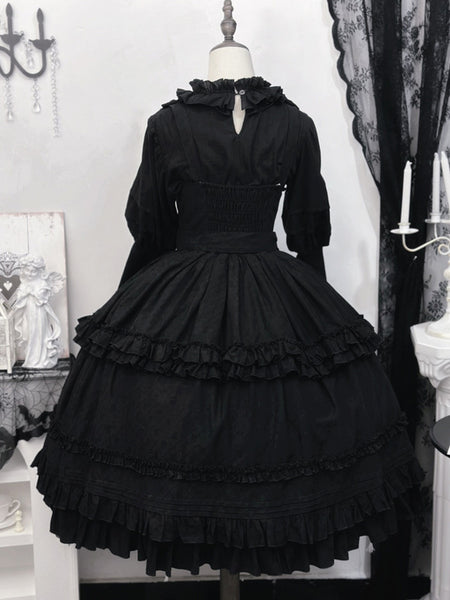 Gothic Lolita Blouses Black Long Sleeves Lolita Top Ruffles Bows Jacquard Lolita Shirt